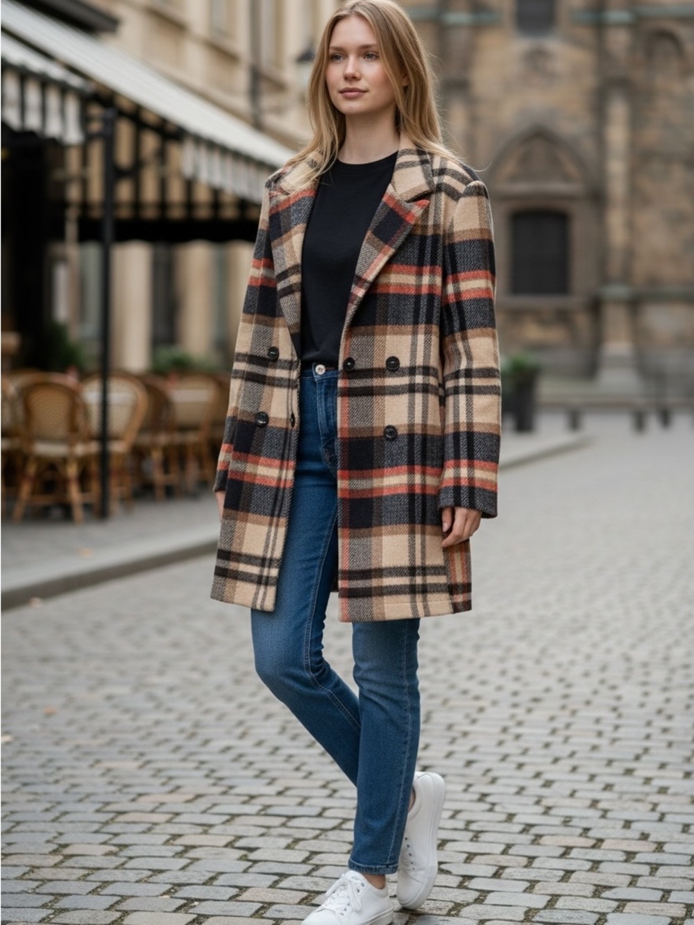 MELLODAY Beige Multi Plaid Double-Breasted Pea Coat